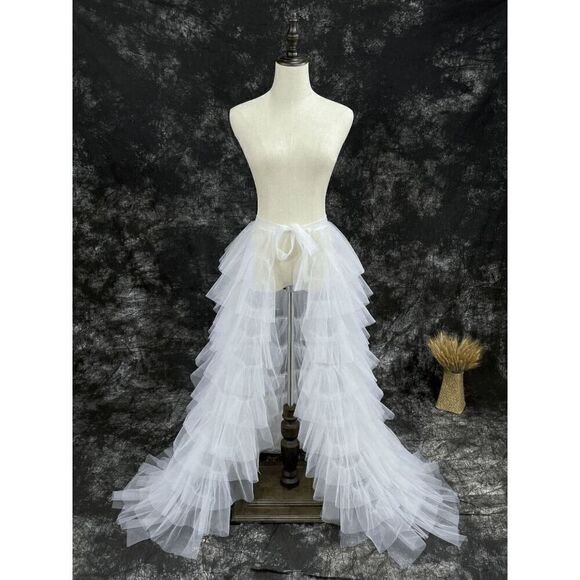 🤍 NEW Bridal Wedding Layered Tulle Mesh Petticoat Train Wrap Hi-Lo Open Skirt - Picture 1 of 16